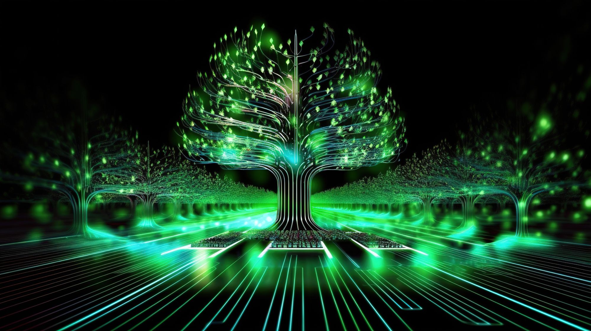 A picture of a green tree consisting of digital (electrical) conductors